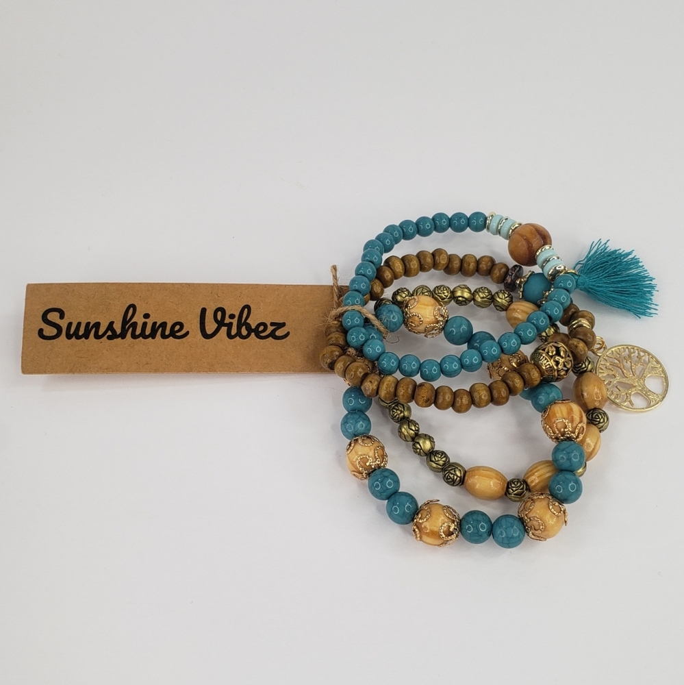 Boho 4 pc Bracelet Turquoise Bohemian Tree of Life Charm Sunshine Vibez - Picture 2 of 5